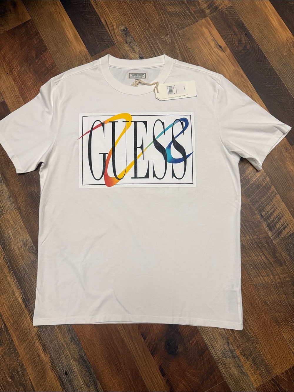 GUESS Jeans White Rainbow Box Logo Graphic T-Shirt Men’s Medium NWT